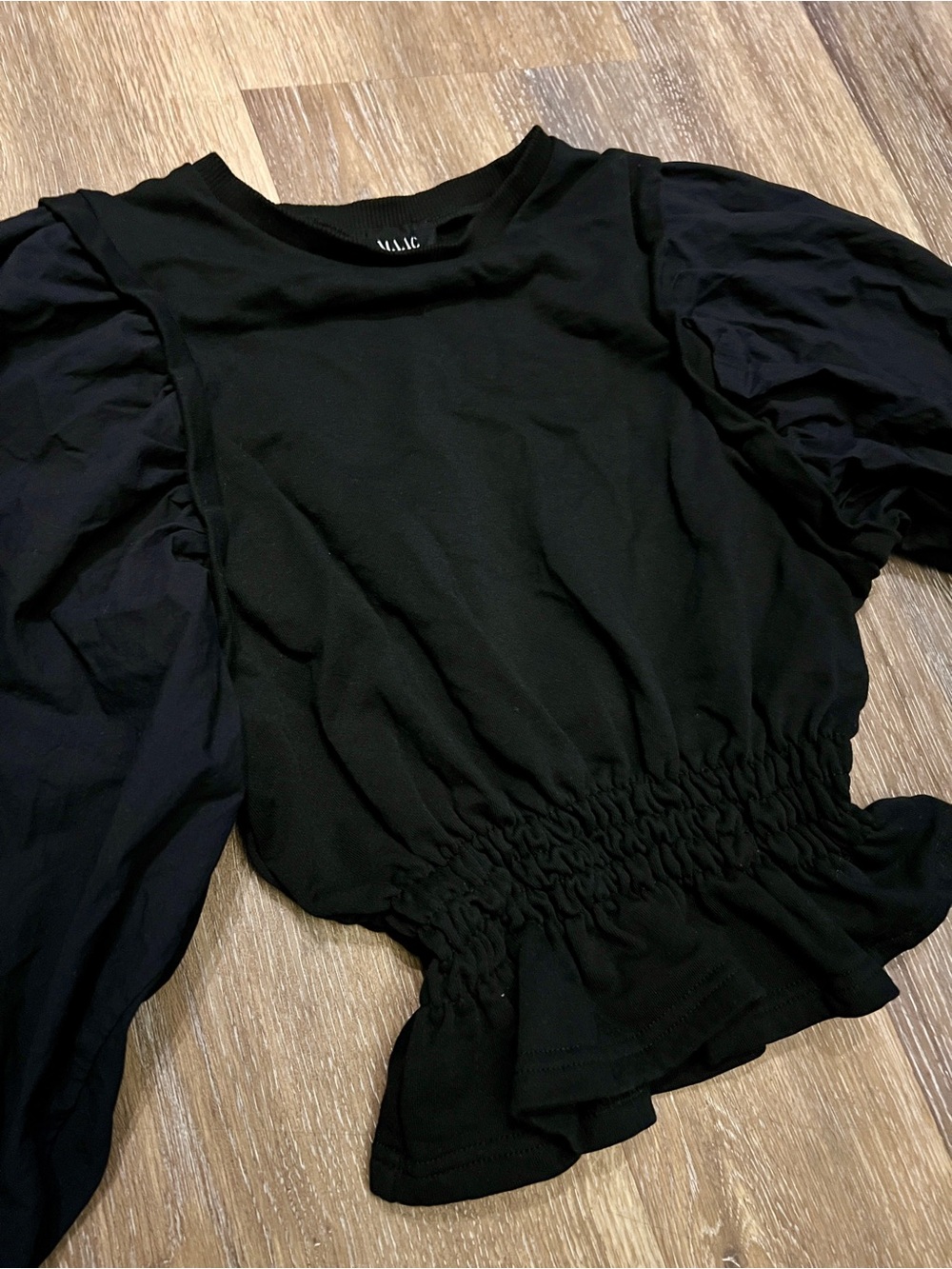 Black Puff Sleeve Smocked-Waist Tunic Top